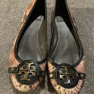 Tory Burch Pink and Black Snakeskin Flats